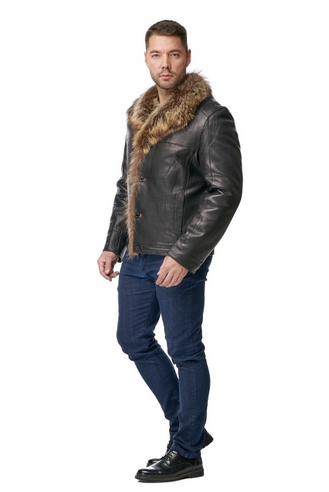 Мужская кожаная куртка из натуральной кожи на меху с воротником, отделка енот 8011063
