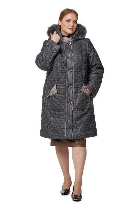 Женское пальто из текстиля с капюшоном, отделка песец 8019789